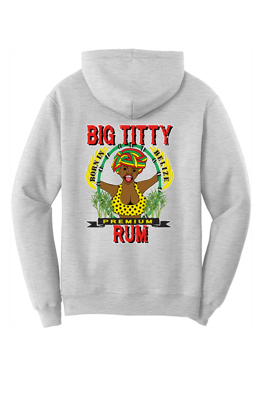 Big Titty Rum Hoodie logo on front and back