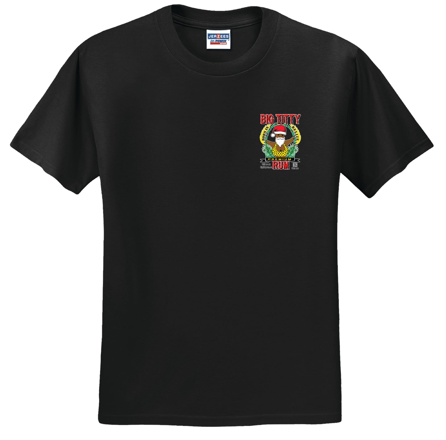 Big Titty Rum Santa T shirt - Logo small on front and large on back